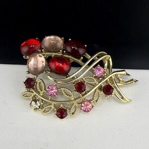 Vintage Coro Brooch Gold Tone Pink Red Rhinestone